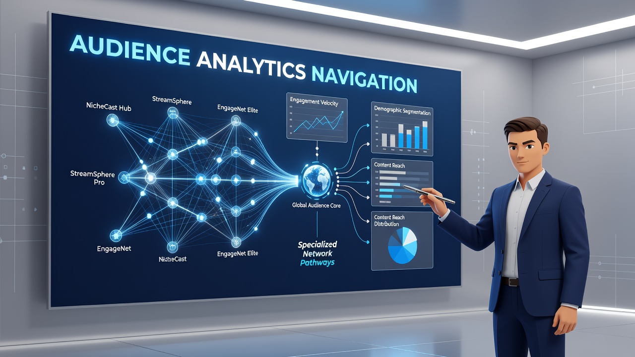 Broadcaster reviewing segmented audience analytics reports on a specialized network interface